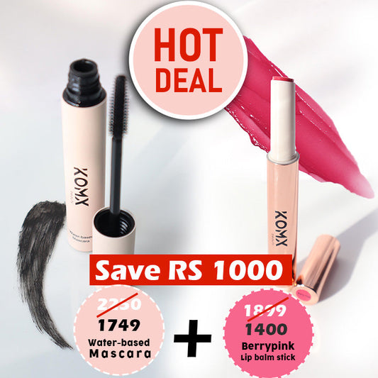 Everyday Glam Bundle – Water-Based Mascara + Berrypink Lip Balm | Save Rs 1000 Komxbeauty
